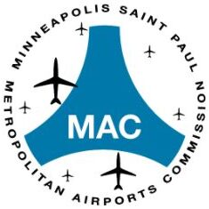 A blue and white logo of the metropolitan airports commission.